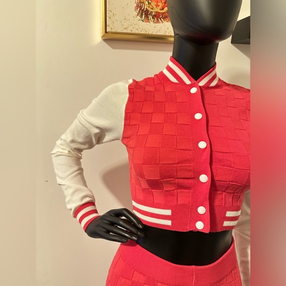 Raspberry Two Piece Varsity Knit Jacket High Waisted Knit Leggings Set - Picture 5 of 13